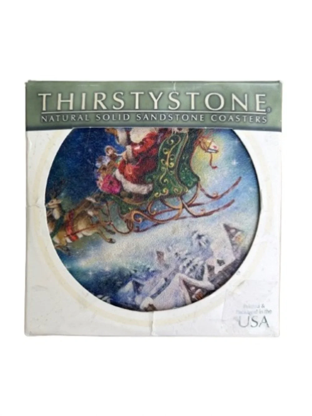 Thirstystone Santa Sleigh Sandstone Coaster Set of 4 Cork Backing Made in USA